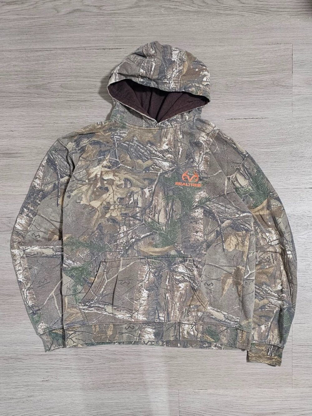 Realtree Camo Pullover Hoodie Mens Medium Orange Embroidered Logo Fleece Pocket